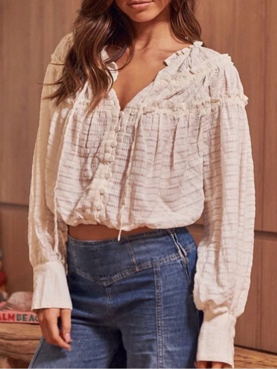 Free People Tops - Free People Hailey Ivory Striped Ruffle Blouse Long Sleeve